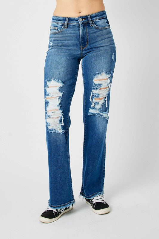 Judy Blue Full Size Mid Rise Distressed Raw Hem Jeans 82605