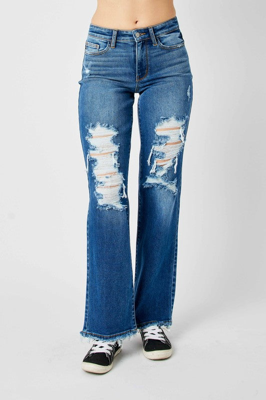 Judy Blue Full Size Mid Rise Distressed Raw Hem Jeans 82605