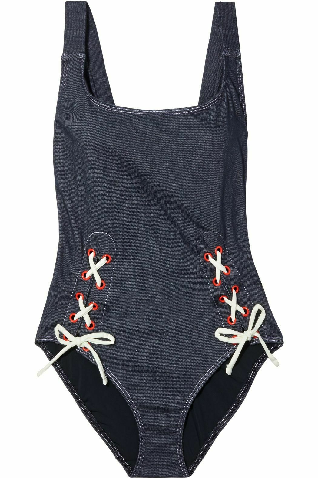 SOLID & STRIPED Raquel denim look one piece swimsuit lace-up sailor nautical