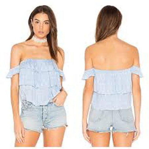 MISA Los Angeles Kaia off shoulder crop top shirt ruffled tiered blue-Clothing, Shoes & Accessories:Women's Clothing:Tops-Misa-Jenifers Designer Closet