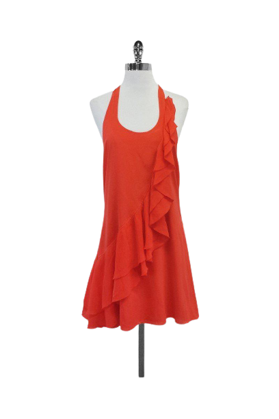 ALICE + OLIVIA Large orange backless halter dress ruffled SILK designer