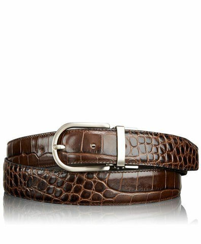 TUMI men's belt Crocodile leather brushed nickel hardware Brown $225 - Jenifers Designer Closet