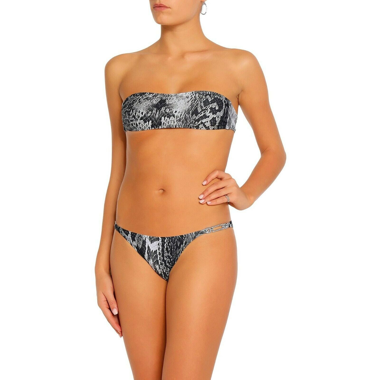 MELISSA ODABASH 42 6 bikini swimsuit w/ carry bag snake skin reptile silver - Jenifers Designer Closet