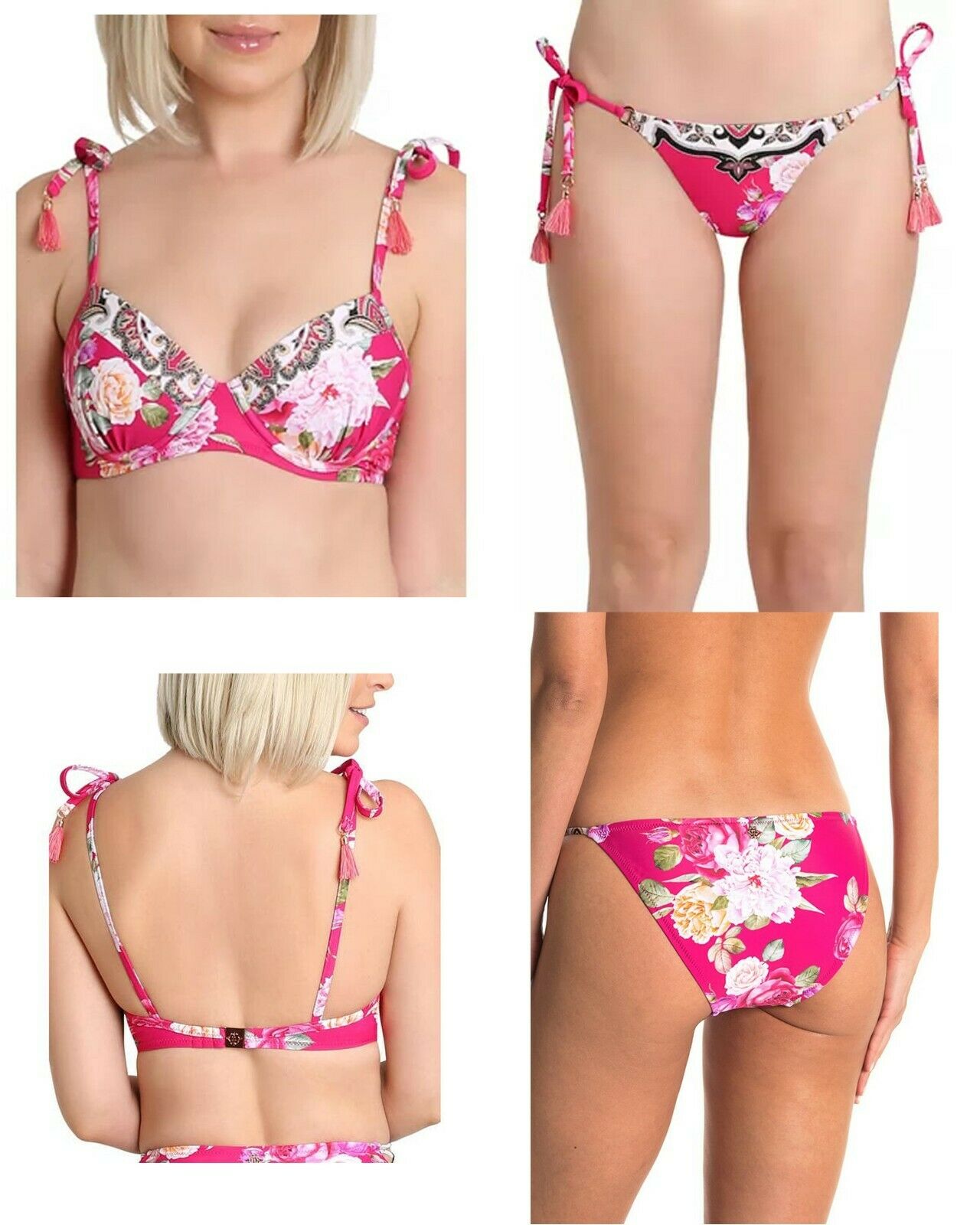 NANETTE LEPORE 6 swimsuit bikini hot pink floral tropical padded tassels