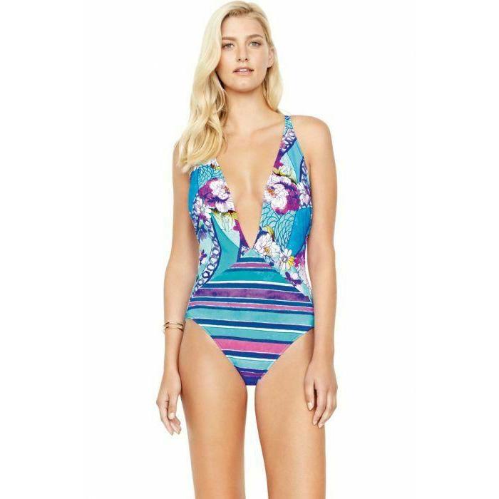GOTTEX swimsuit one-piece plunging deep V front floral multi color