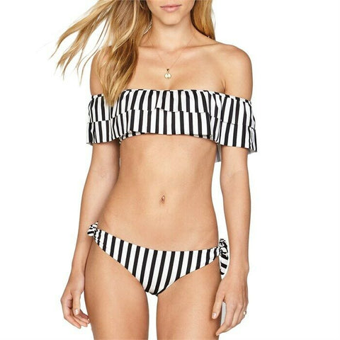 AMUSE SOCIETY M Anthropologie bikini swimsuit striped ruffle off shoulder