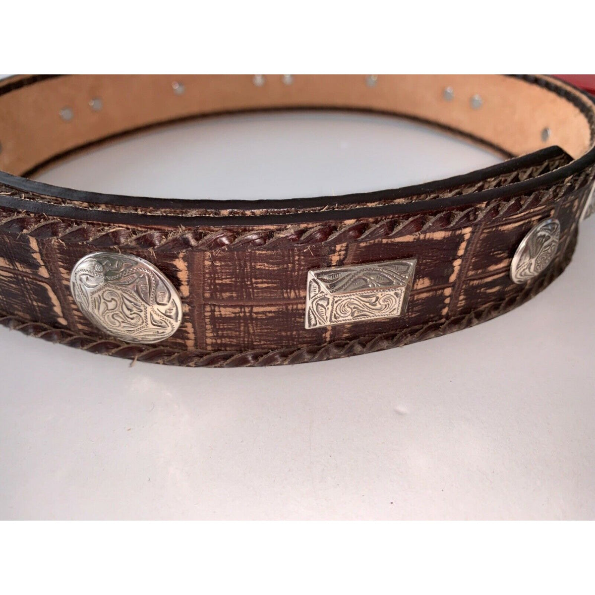 BRIGHTON 32 silver buckle wide leather belt brown medallions asiago concho
