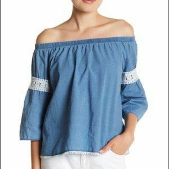 JOE'S JEANS M off the shoulder shirt top chambray lace trim blue 3/4 sleeve-Clothing, Shoes & Accessories:Women's Clothing:Tops-Joe's Jeans-Medium-Chambray blue-Jenifers Designer Closet