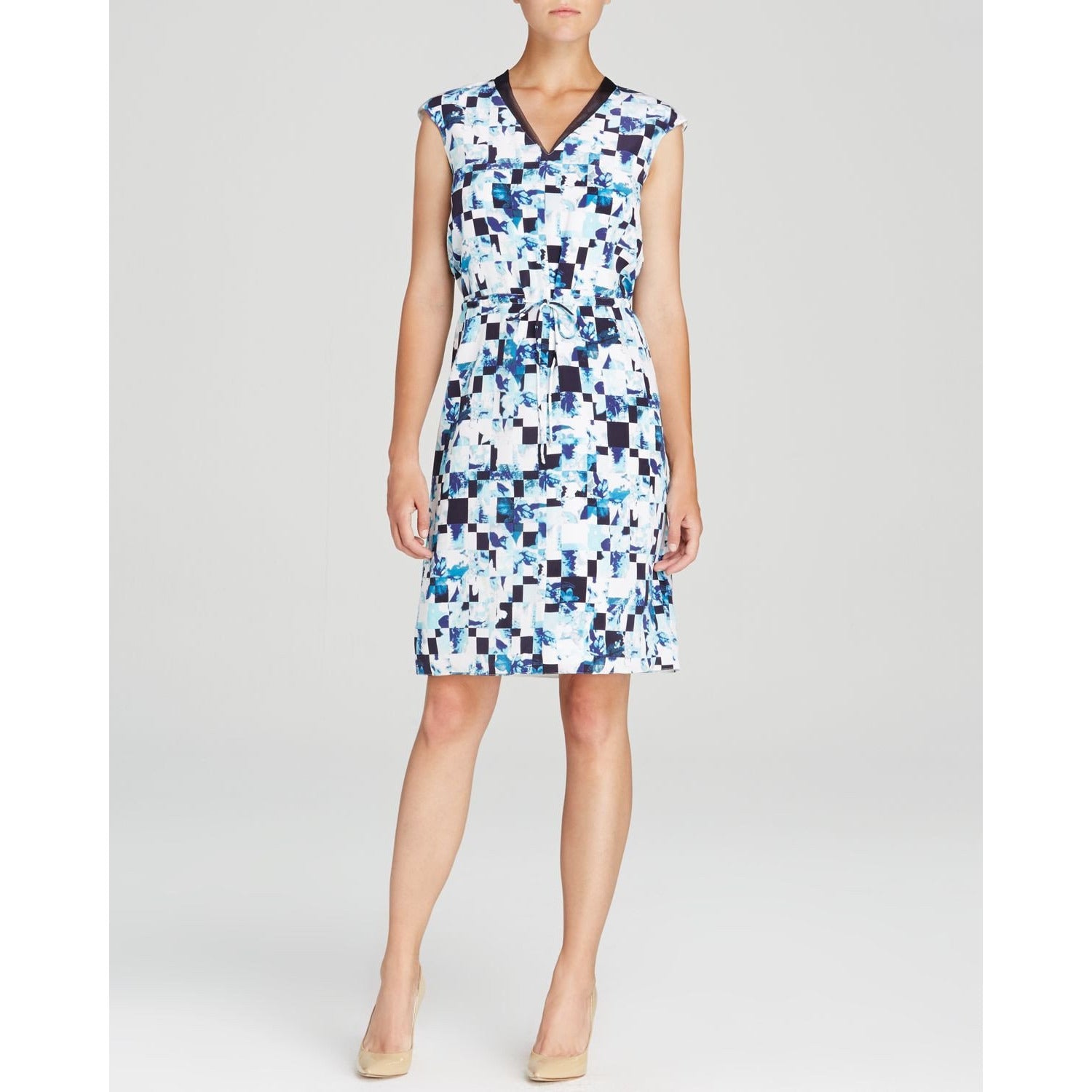 MAGASCHONI Silk dress 0 XS Summer floral blues navy $368 career V-neck-Dresses-Magaschoni-0-Blues/white-Jenifers Designer Closet