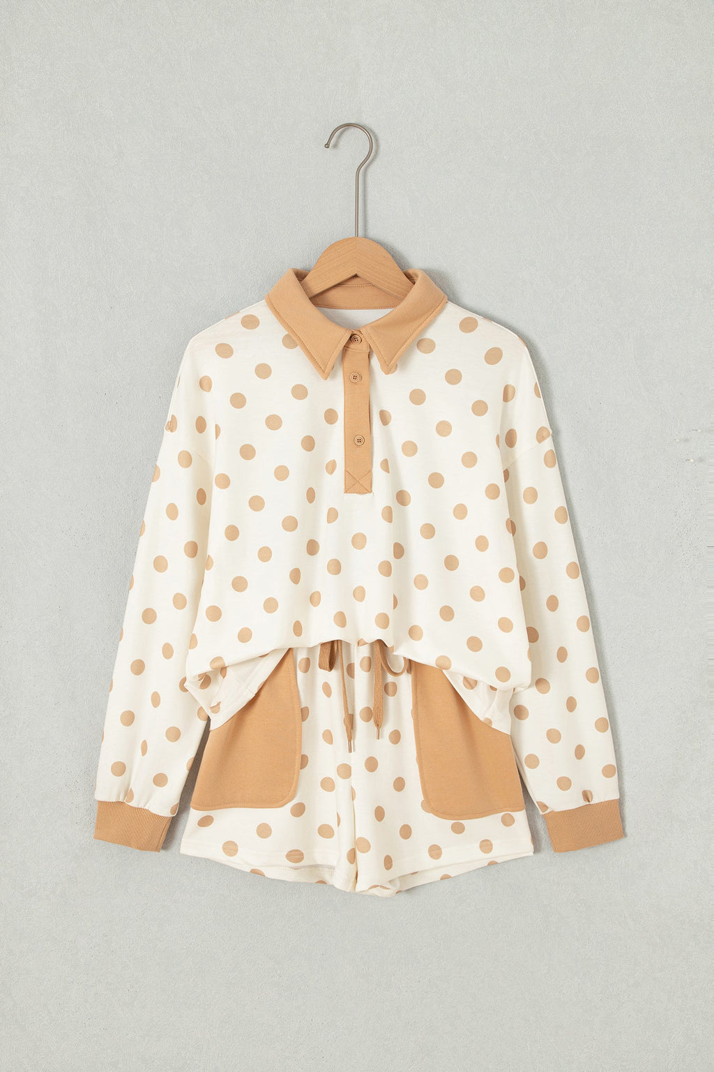 Zoey Pullover Patch Pocket Casual Shorts Set Pink or Khaki Outfit  Indie & Co. Ladies polka dot
