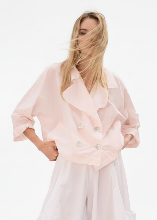 Nylon Cropped Sailor Jacket - Blush pink top long sleeve double-breasted loose PLANET