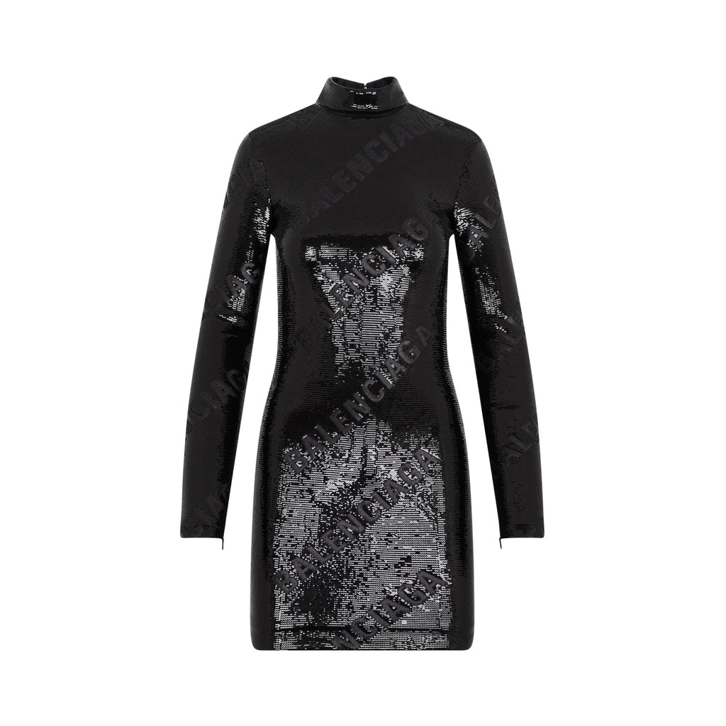 Balenciaga Turtleneck Dress ladies logo all over black mini