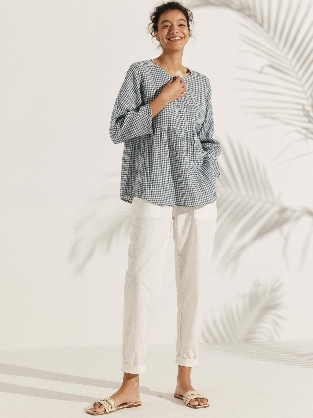 Linen Checked Long-Sleeved Top CAROLINE ladies gingham shirt