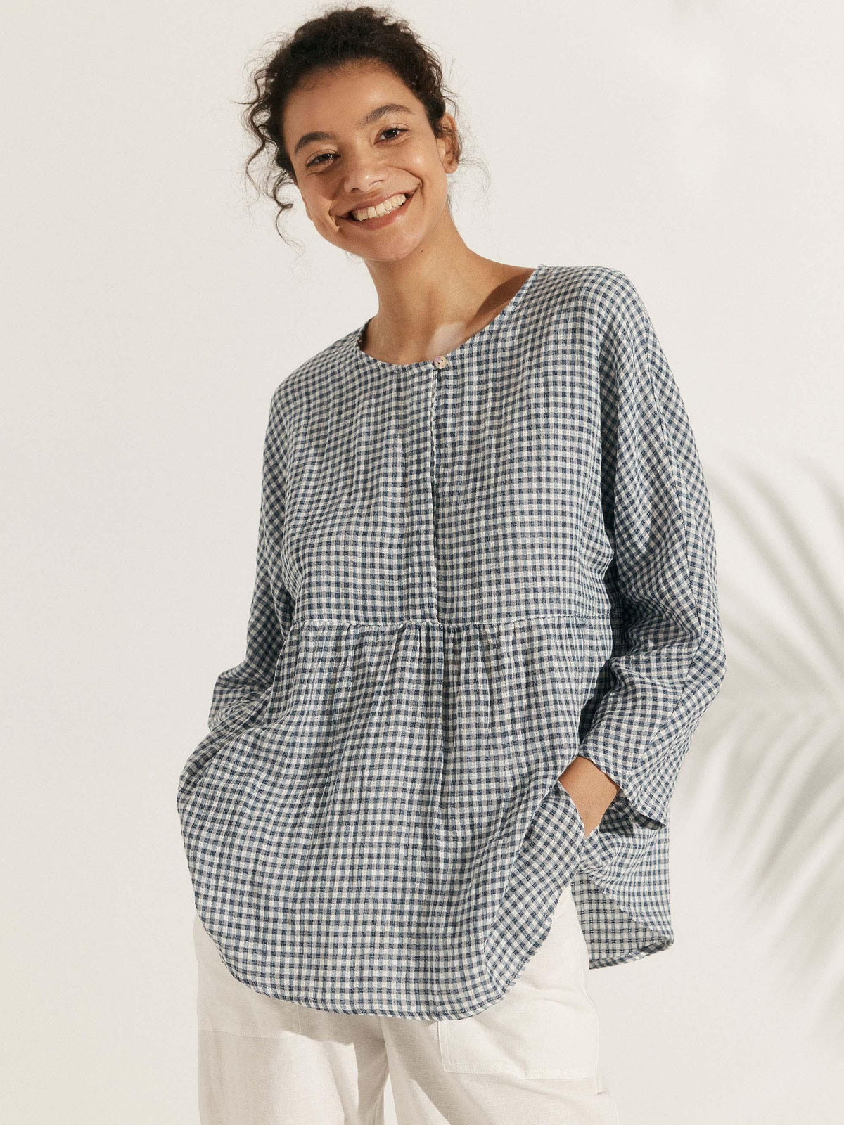 Linen Checked Long-Sleeved Top CAROLINE ladies gingham shirt