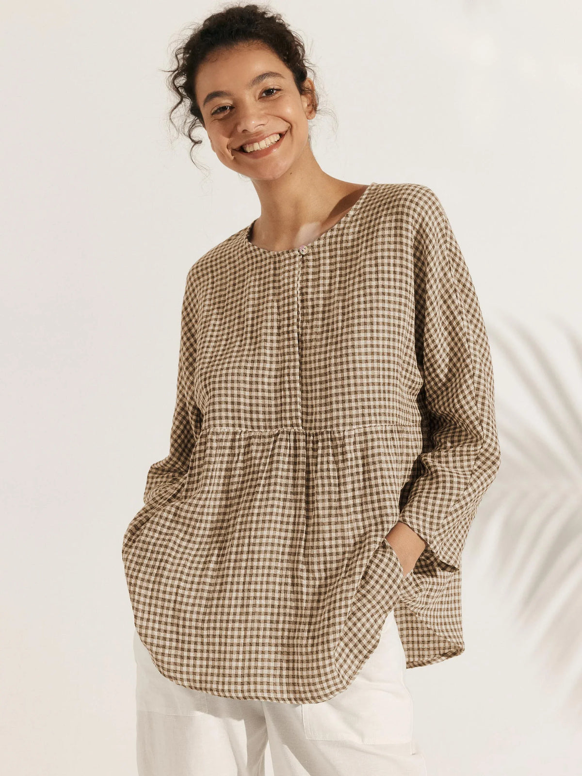 Linen Checked Long-Sleeved Top CAROLINE ladies gingham shirt