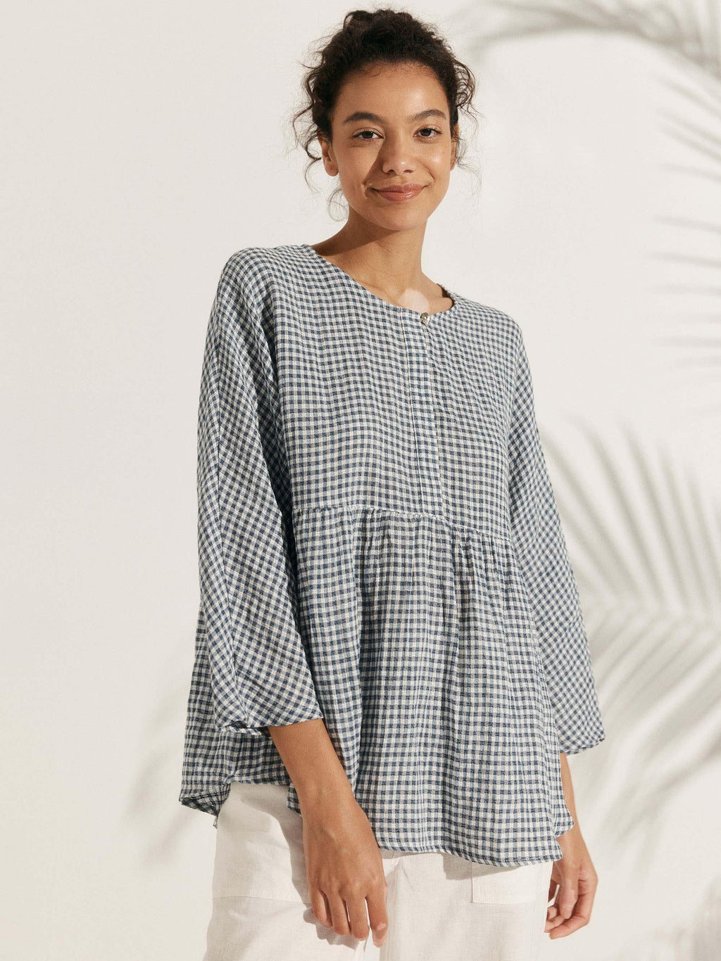 Linen Checked Long-Sleeved Top CAROLINE ladies gingham shirt