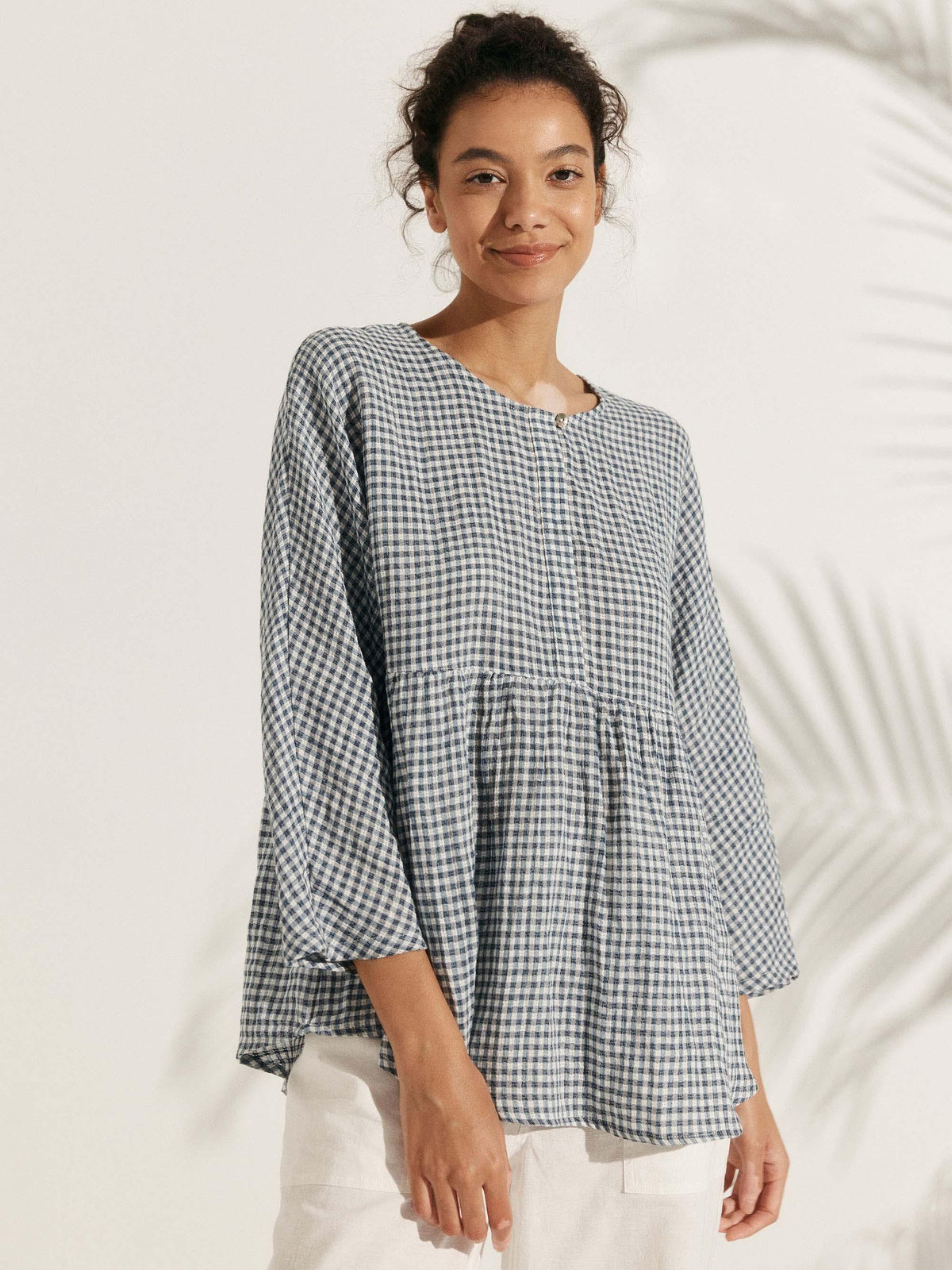 Linen Checked Long-Sleeved Top CAROLINE ladies gingham shirt