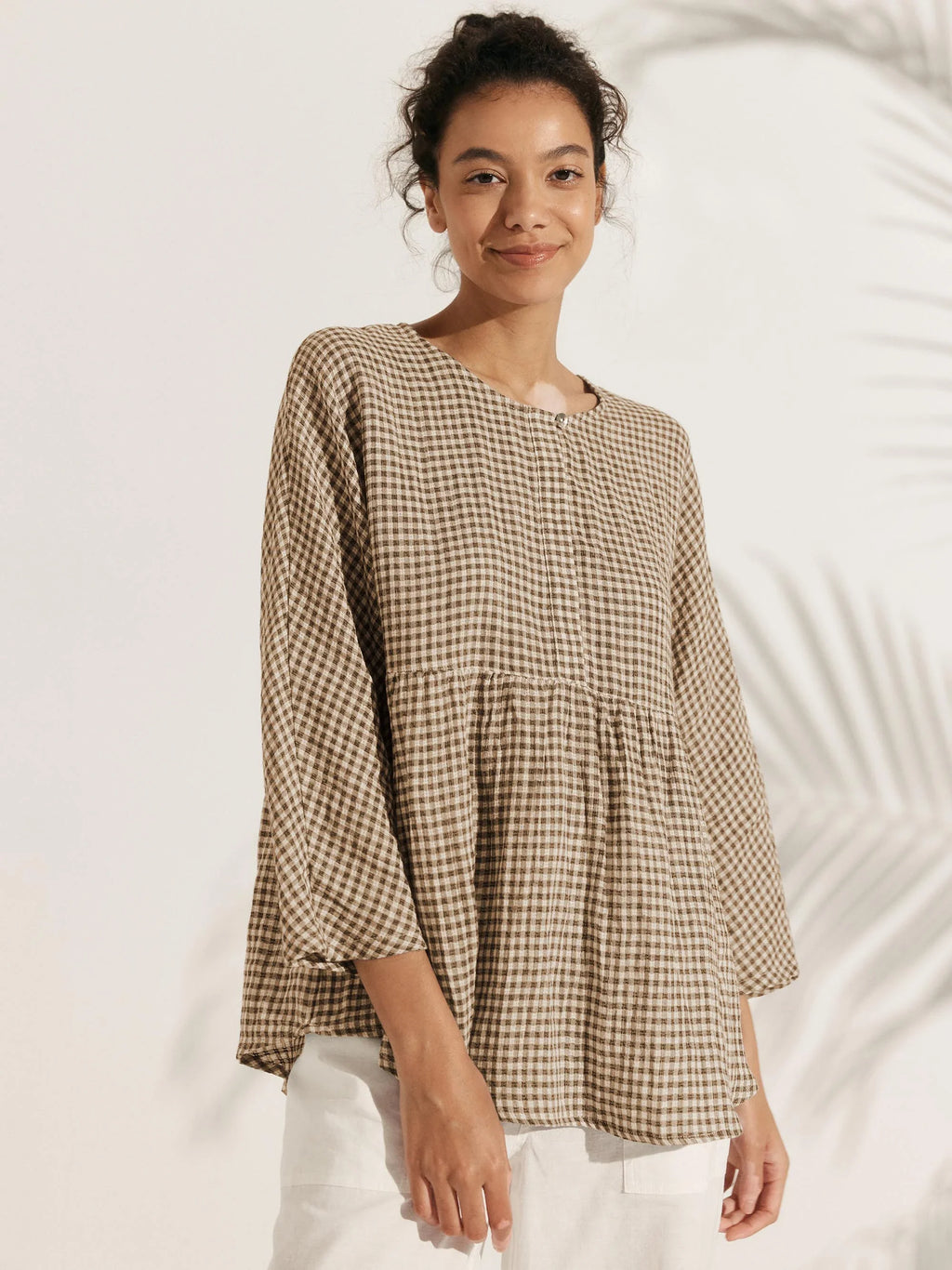 Linen Checked Long-Sleeved Top CAROLINE ladies gingham shirt