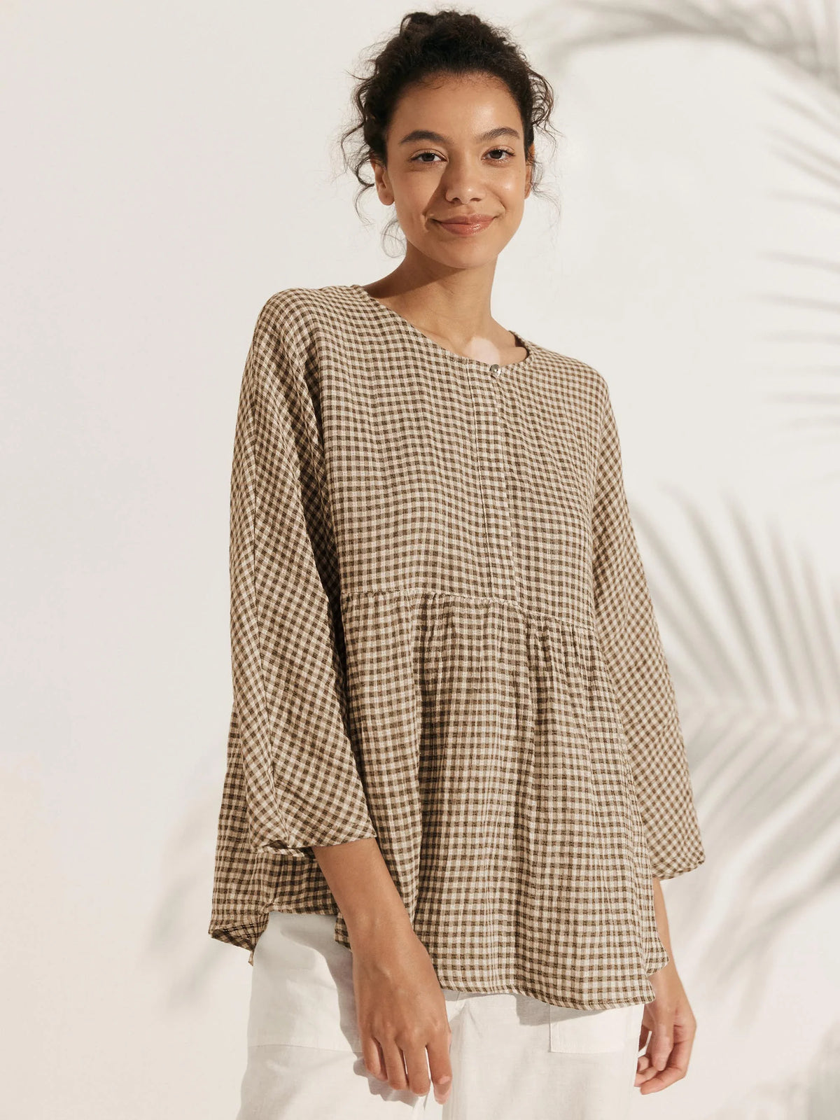 Linen Checked Long-Sleeved Top CAROLINE ladies gingham shirt