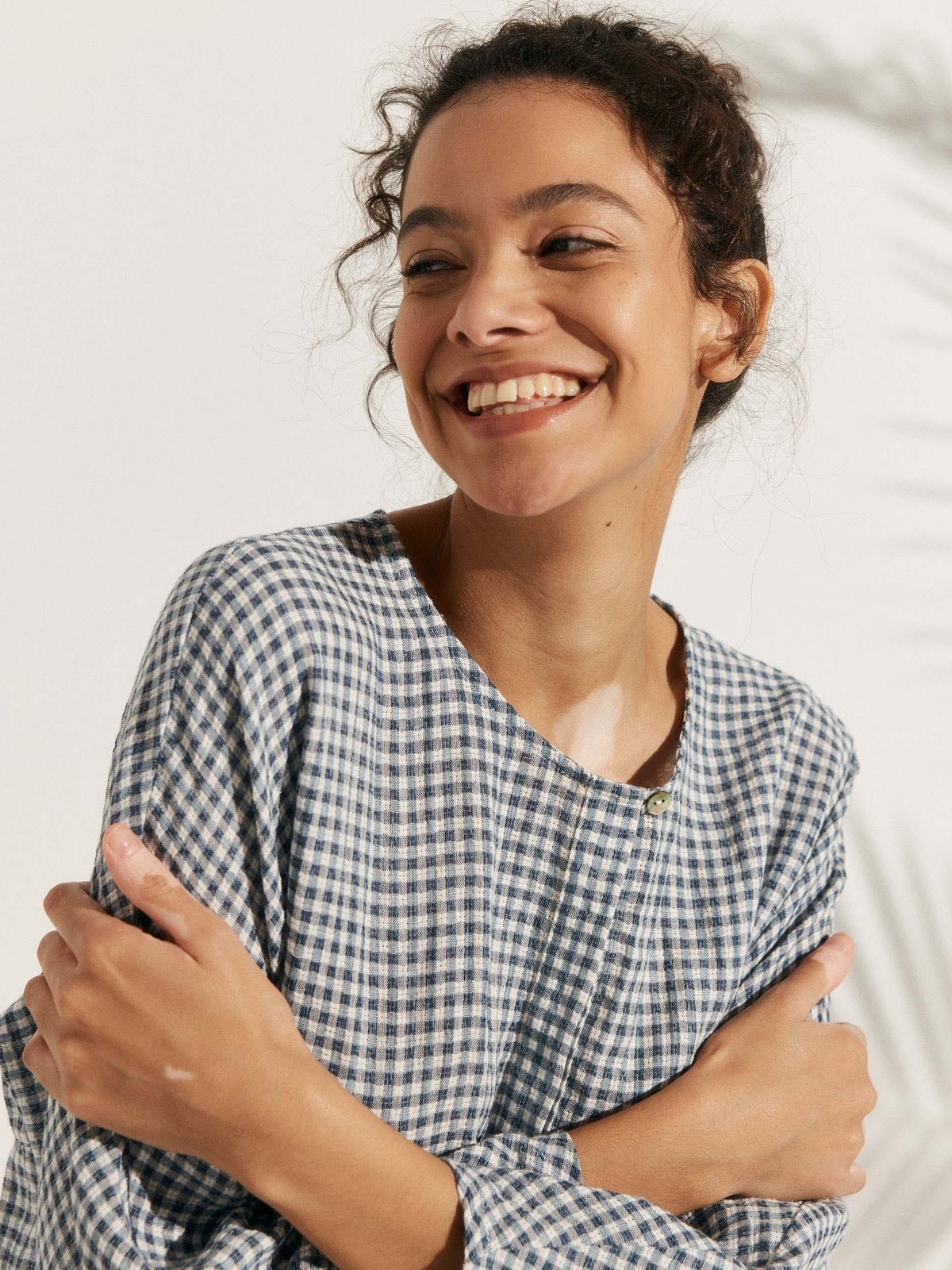 Linen Checked Long-Sleeved Top CAROLINE ladies gingham shirt