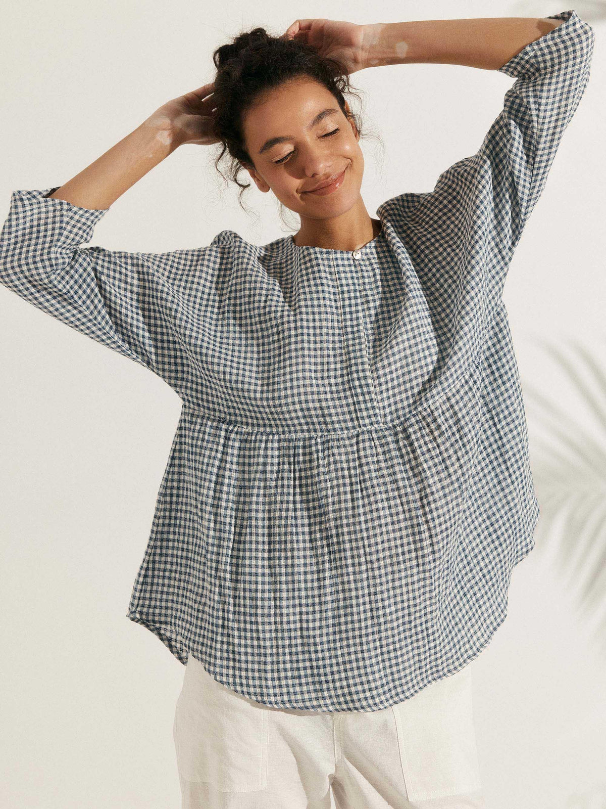 Linen Checked Long-Sleeved Top CAROLINE ladies gingham shirt