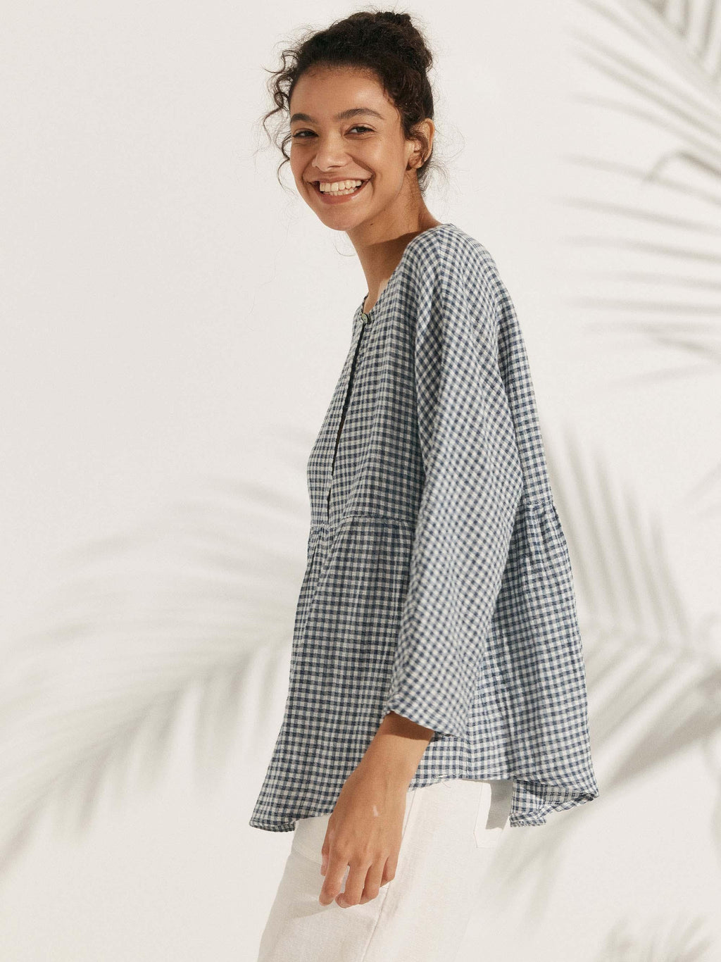 Linen Checked Long-Sleeved Top CAROLINE ladies gingham shirt