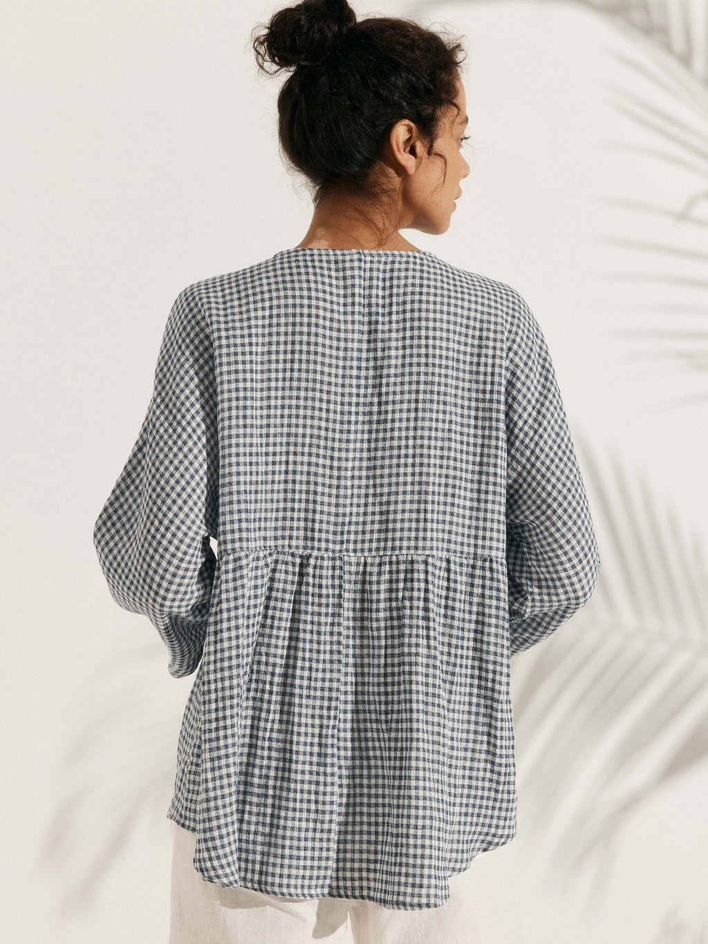 Linen Checked Long-Sleeved Top CAROLINE ladies gingham shirt