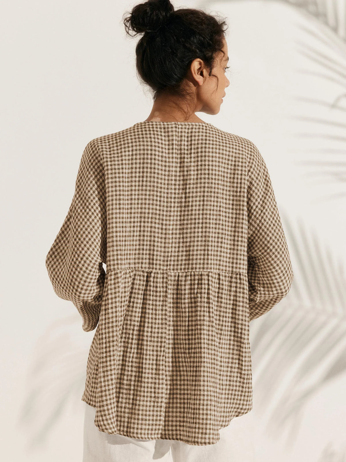 Linen Checked Long-Sleeved Top CAROLINE ladies gingham shirt