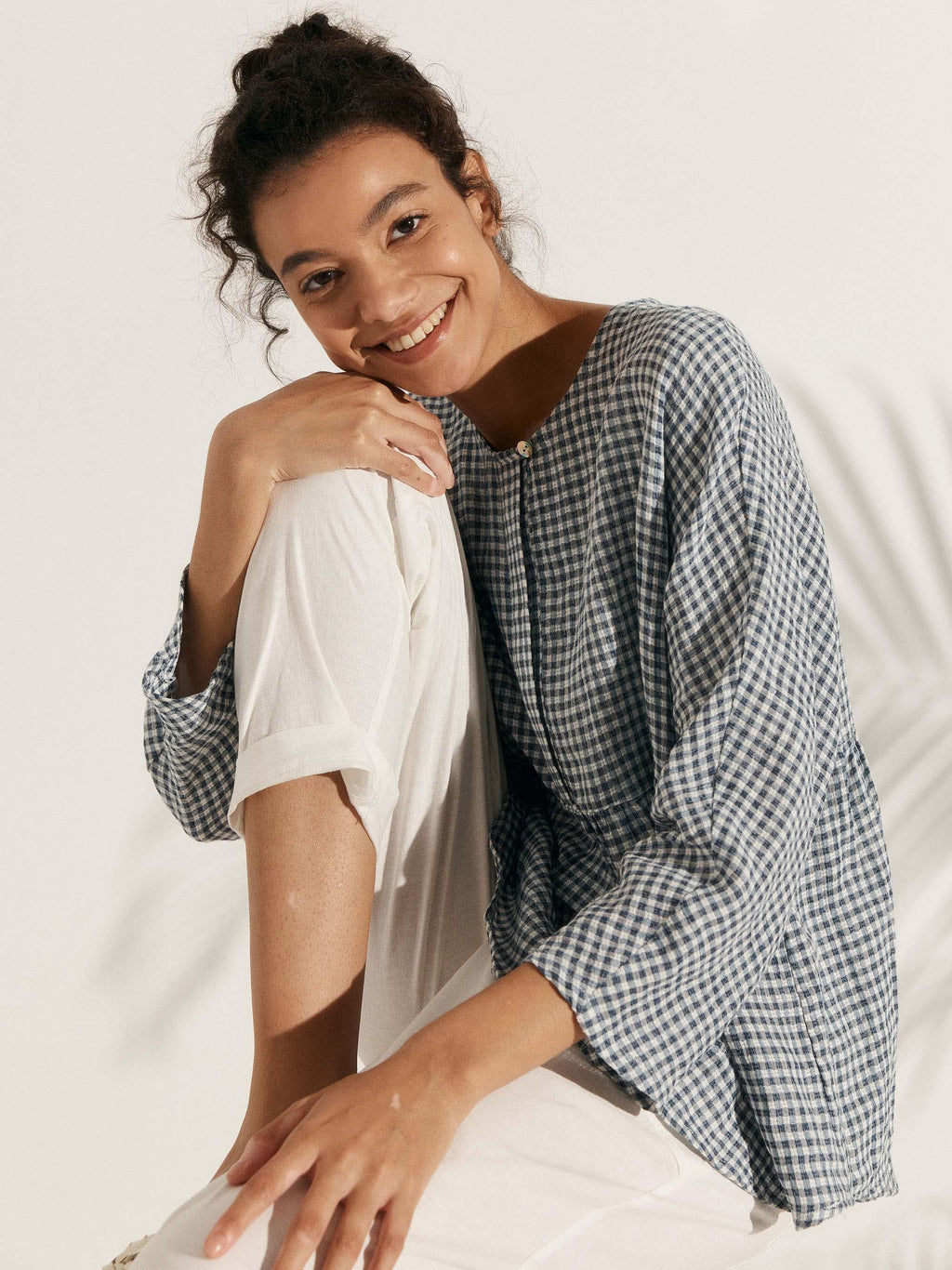 Linen Checked Long-Sleeved Top CAROLINE ladies gingham shirt