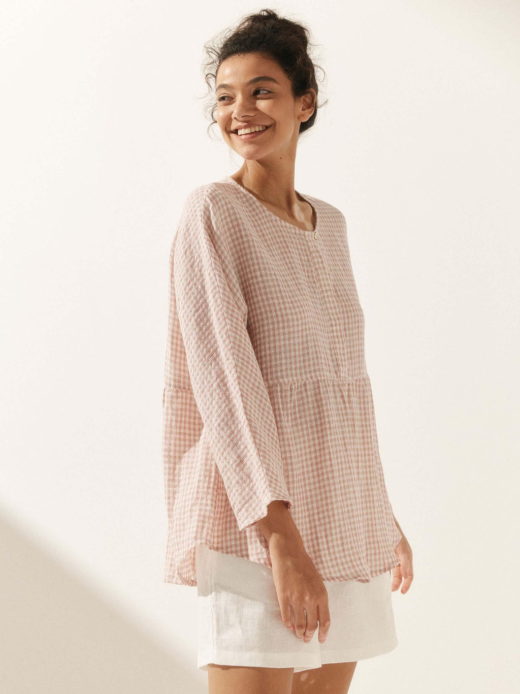 Linen Checked Long-Sleeved Top CAROLINE ladies gingham shirt