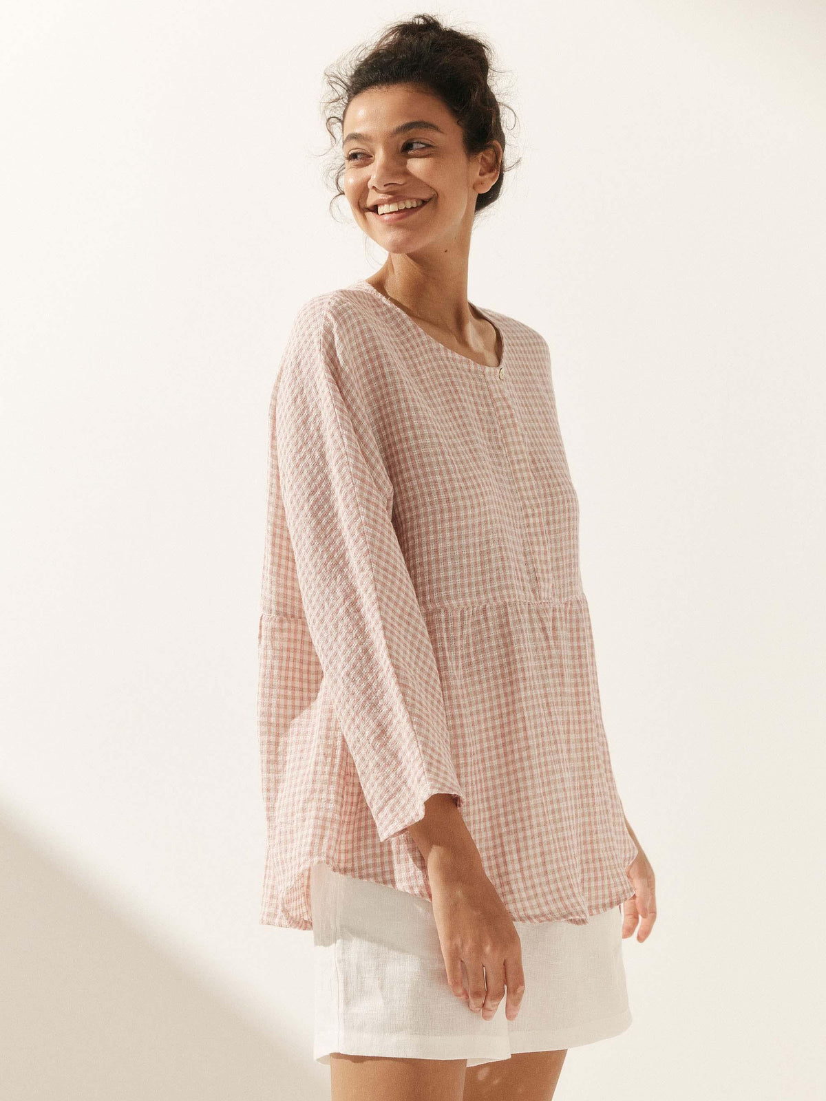 Linen Checked Long-Sleeved Top CAROLINE ladies gingham shirt