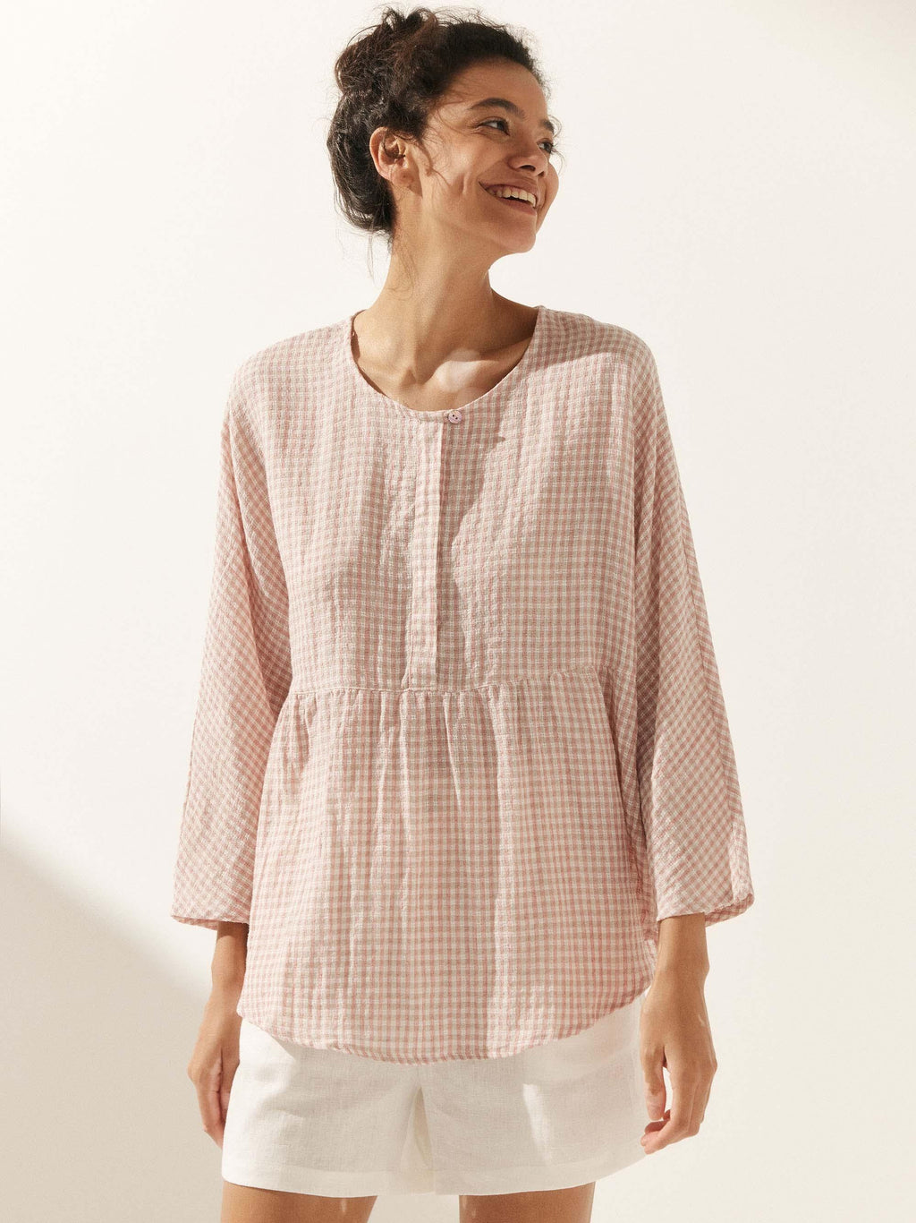 Linen Checked Long-Sleeved Top CAROLINE ladies gingham shirt