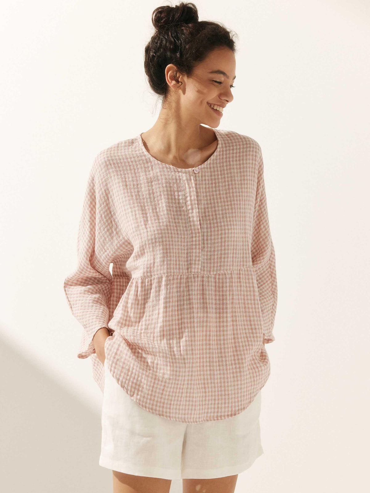 Linen Checked Long-Sleeved Top CAROLINE ladies gingham shirt