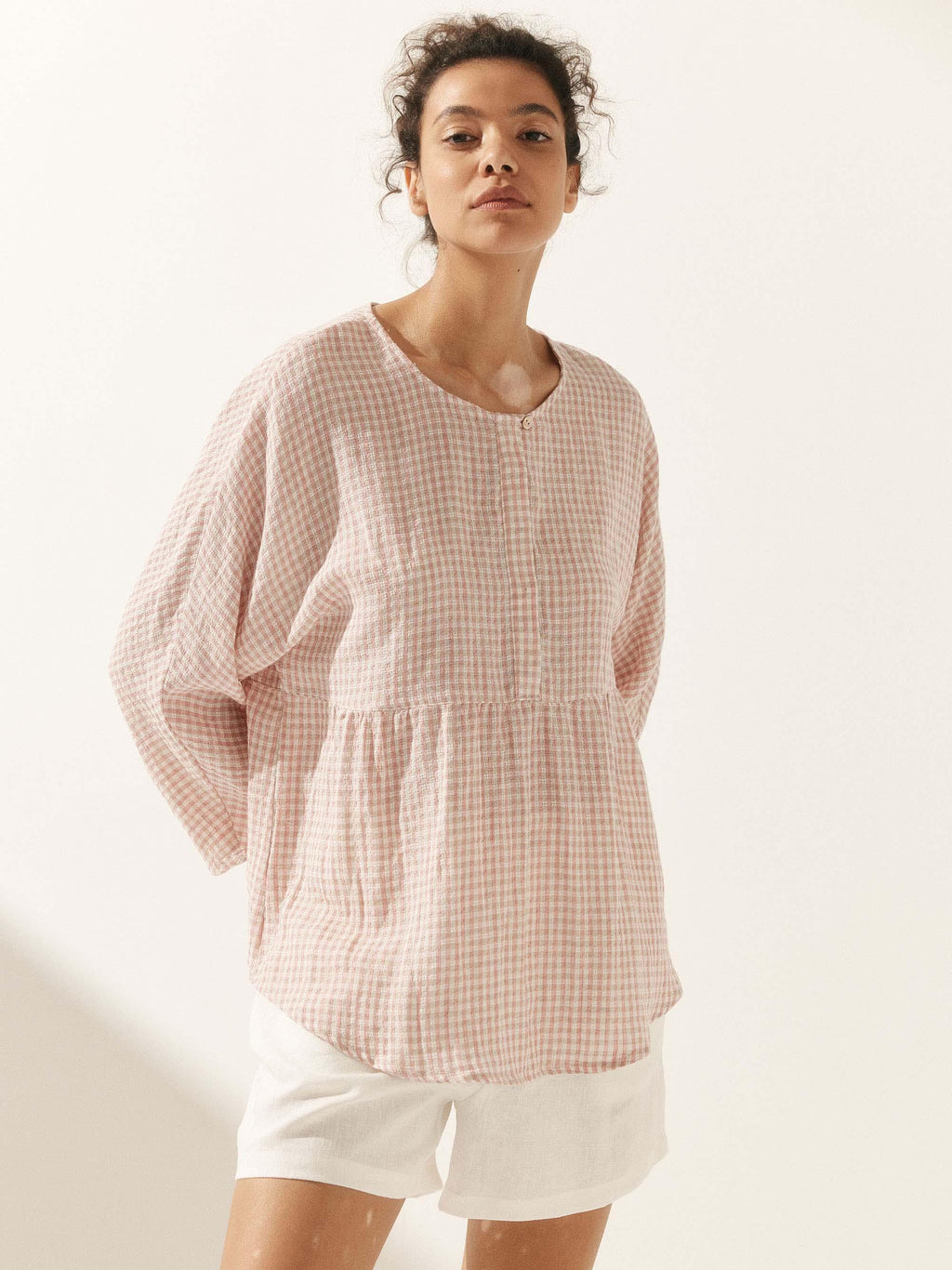 Linen Checked Long-Sleeved Top CAROLINE ladies gingham shirt