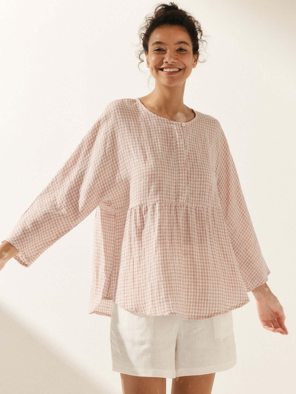 Linen Checked Long-Sleeved Top CAROLINE ladies gingham shirt