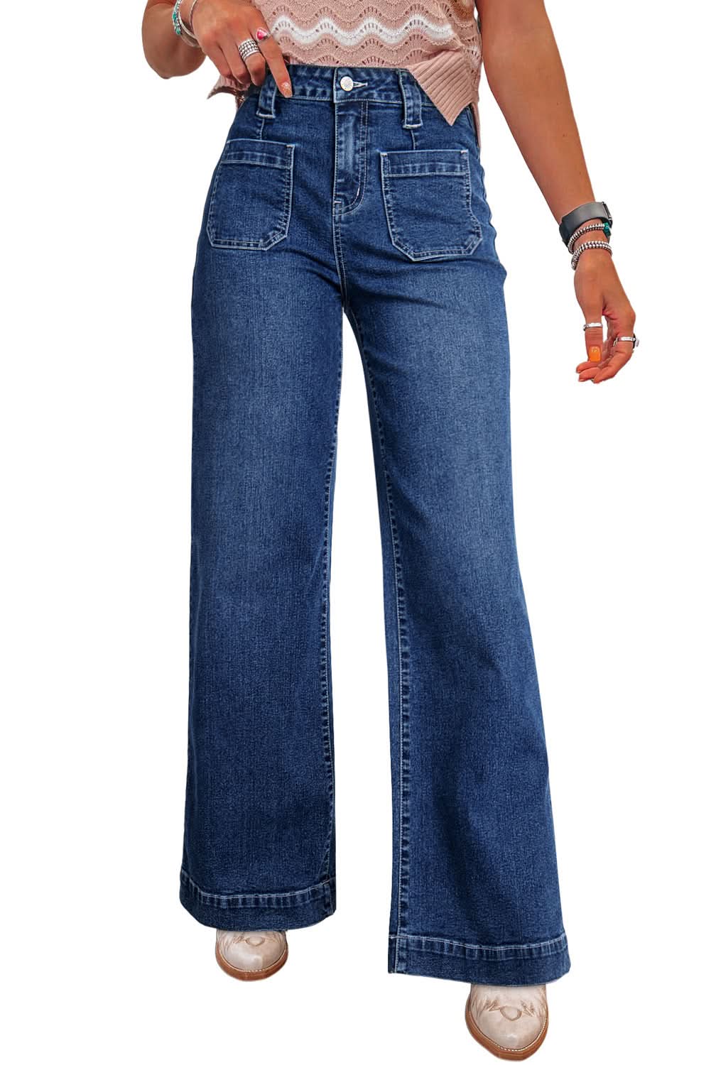 Sail Blue High Waist Wide Leg Jeans With Patch Pockets Denim
