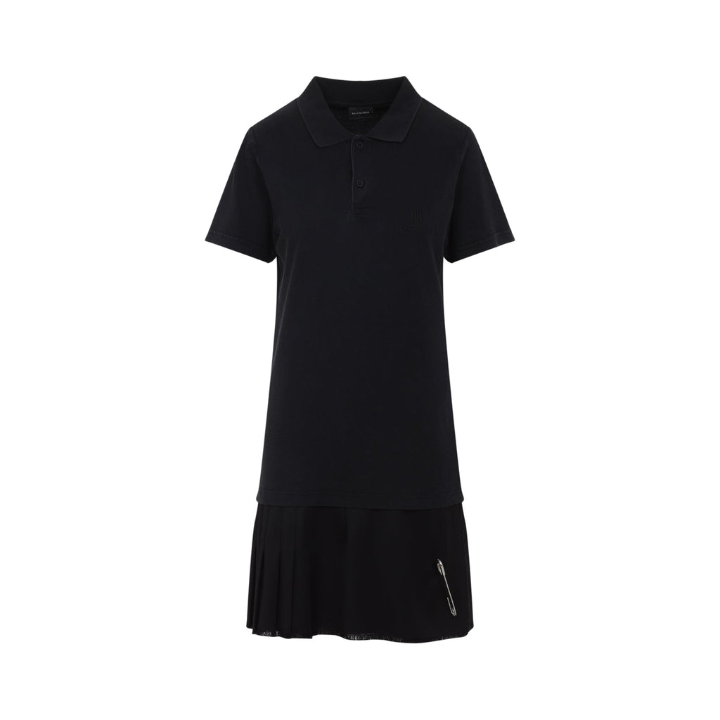 Balenciaga Layered Polo Mini Dress ladies black fringed hem with pleats safety pin