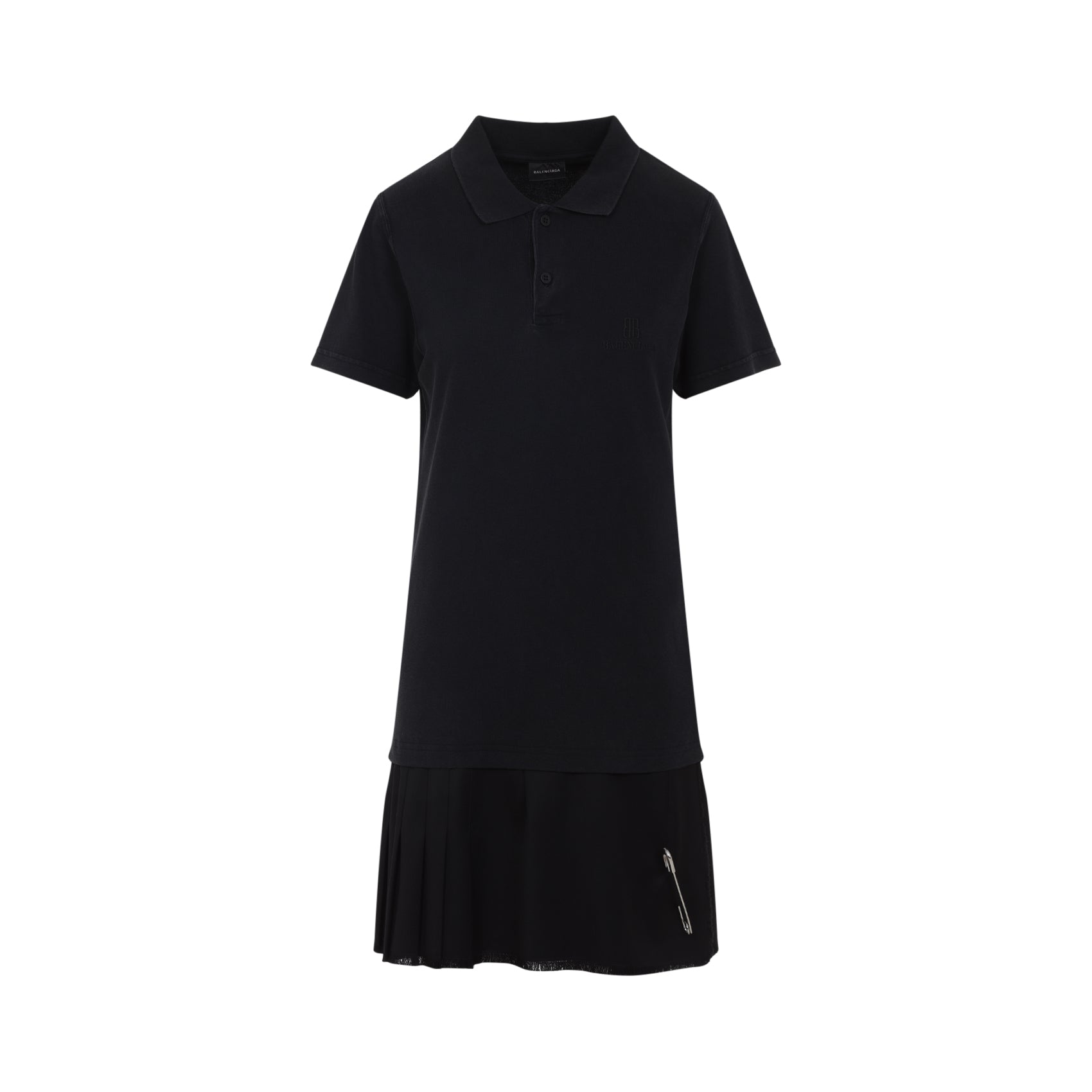 Balenciaga Layered Polo Mini Dress ladies black fringed hem with pleats safety pin