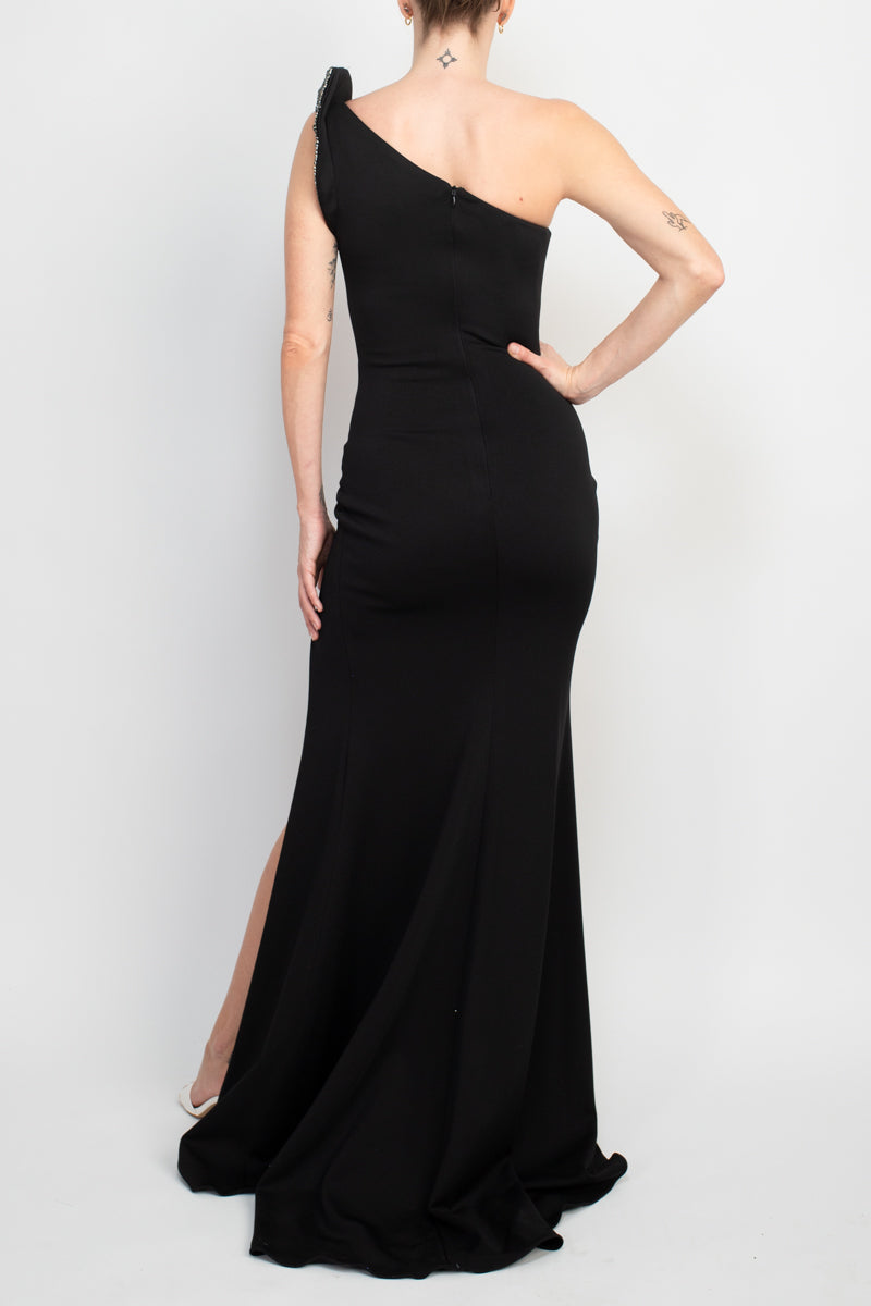 Jovani Fitted One Shoulder Slit Front Crepe Gown Dress Long Formal MOB Prom