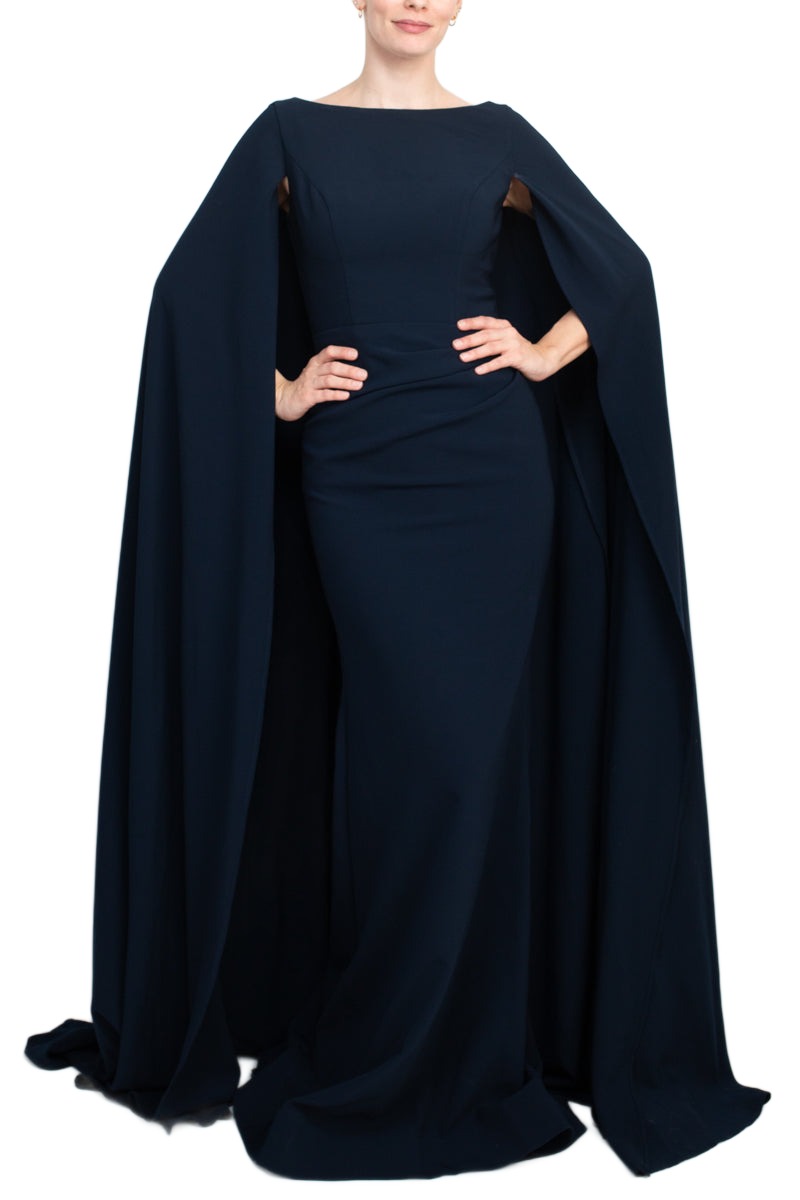 Jovani Boat Neck Cape Evening Dress with Zipper Closure Crepe Gown Navy formal