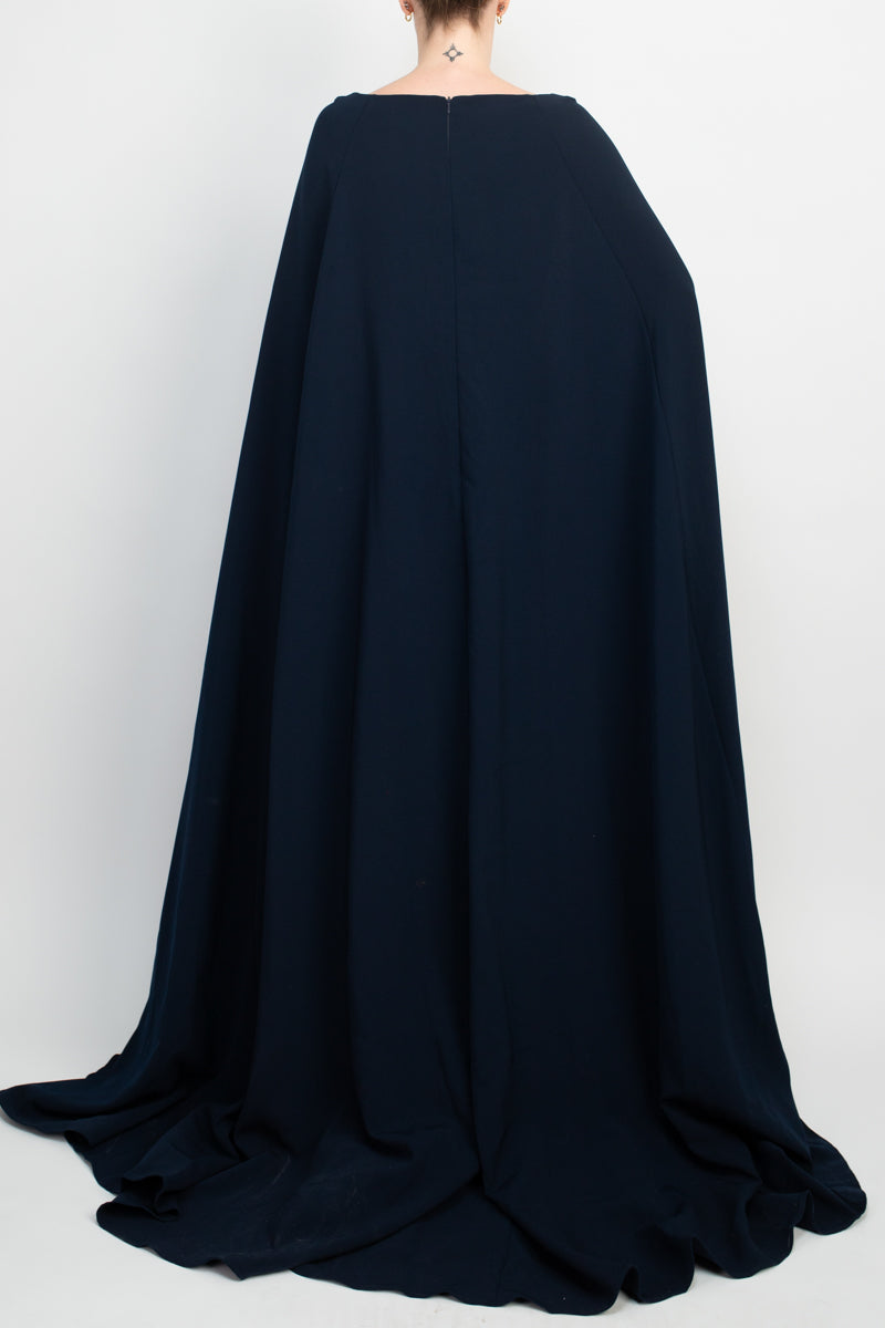 Jovani Boat Neck Cape Evening Dress with Zipper Closure Crepe Gown Navy formal