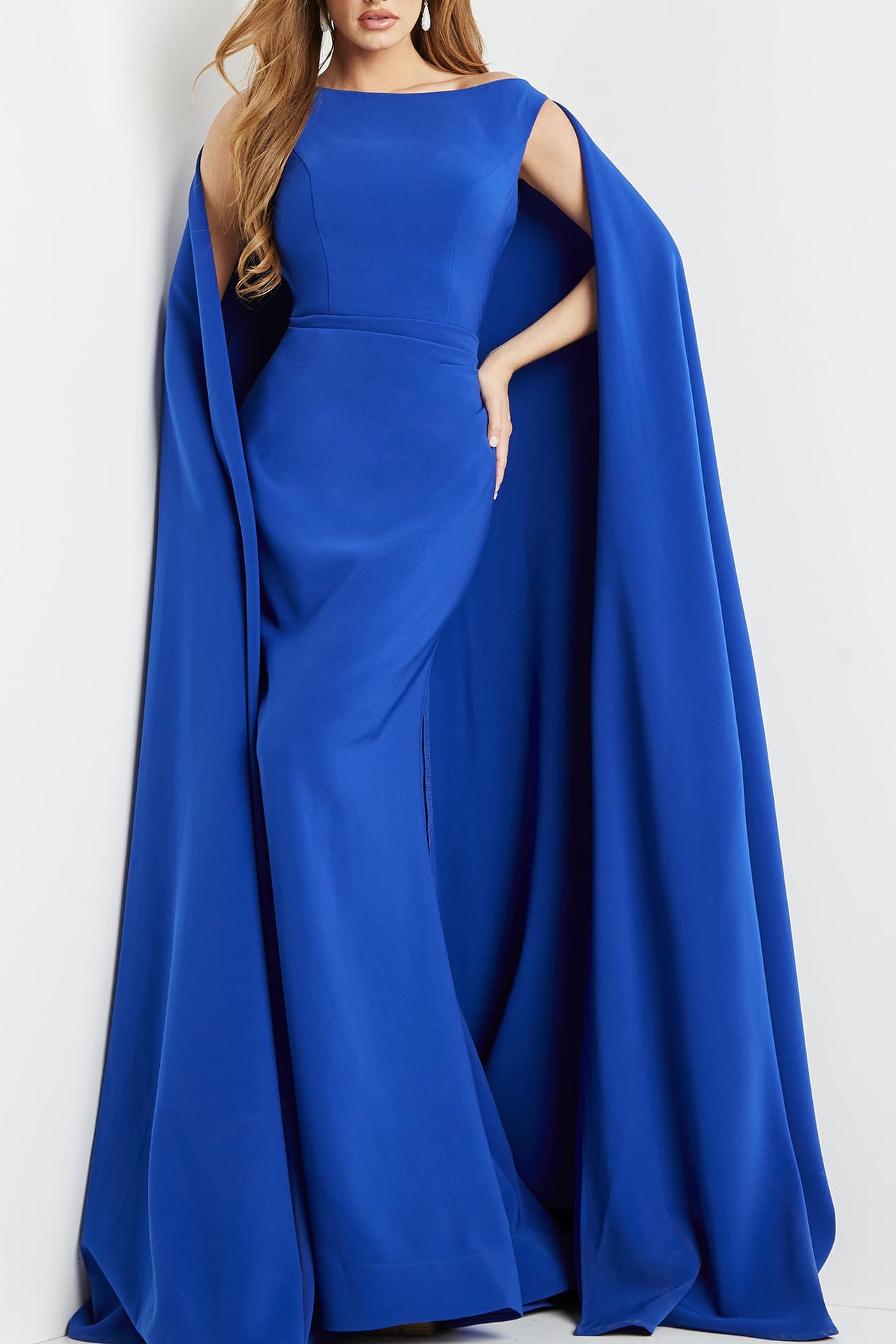 Jovani Boat Neck Cape Evening Dress with Zipper Closure Crepe Gown Navy formal