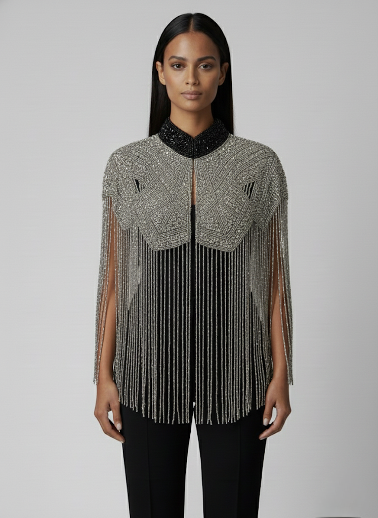 Liquid Steel Cape Wrap Shawl Beaded Formal Silver Black