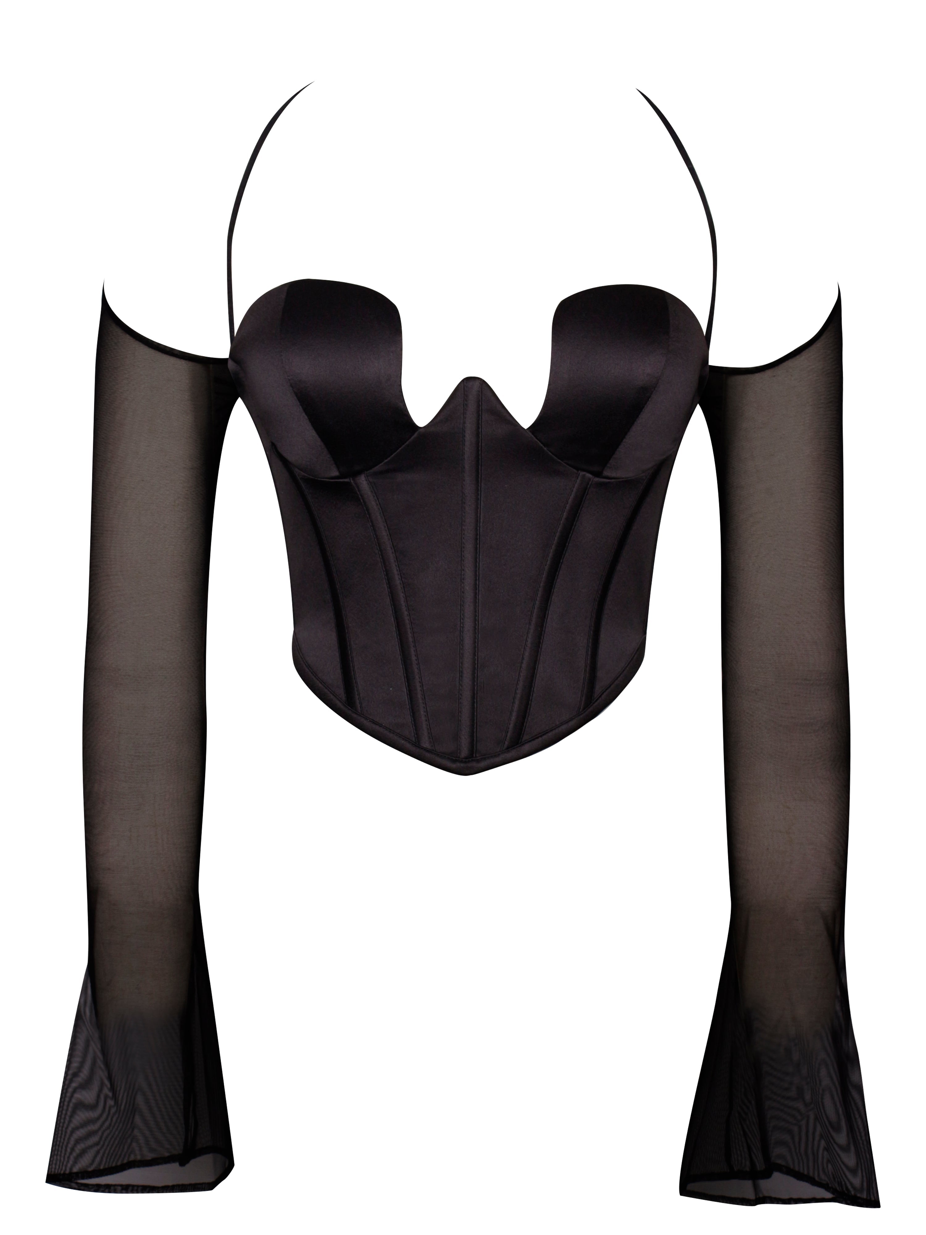 Pixie Black Mesh Sleeves Halter Boned Corset Satin Top Club Cocktail