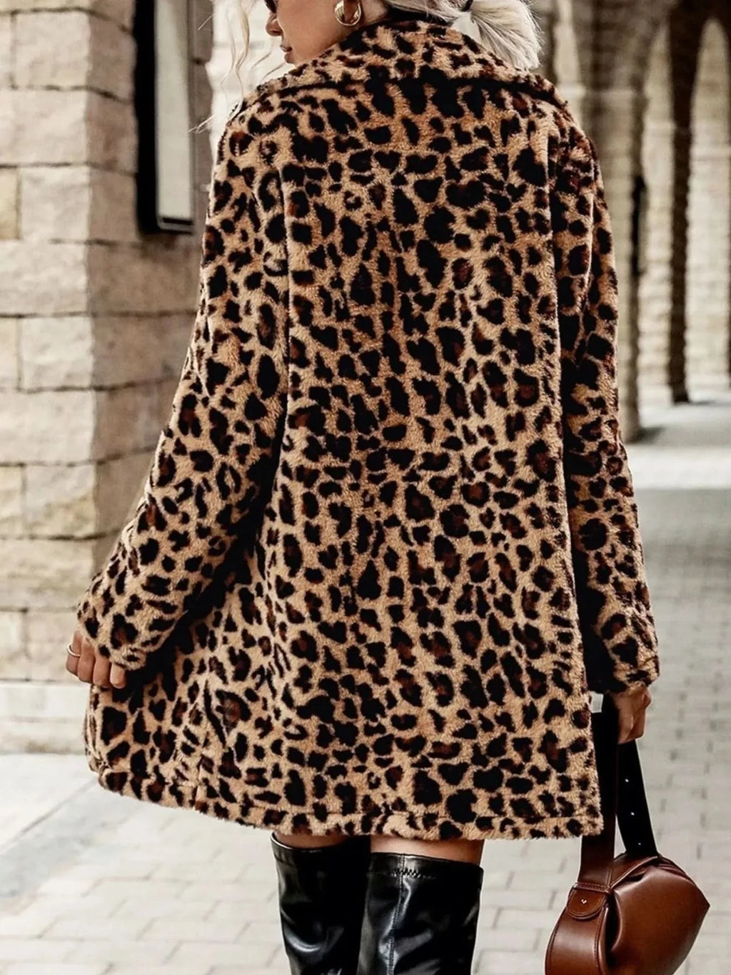 Leopard Print Faux Fur Longline Coat With Pockets Polyester Boutique