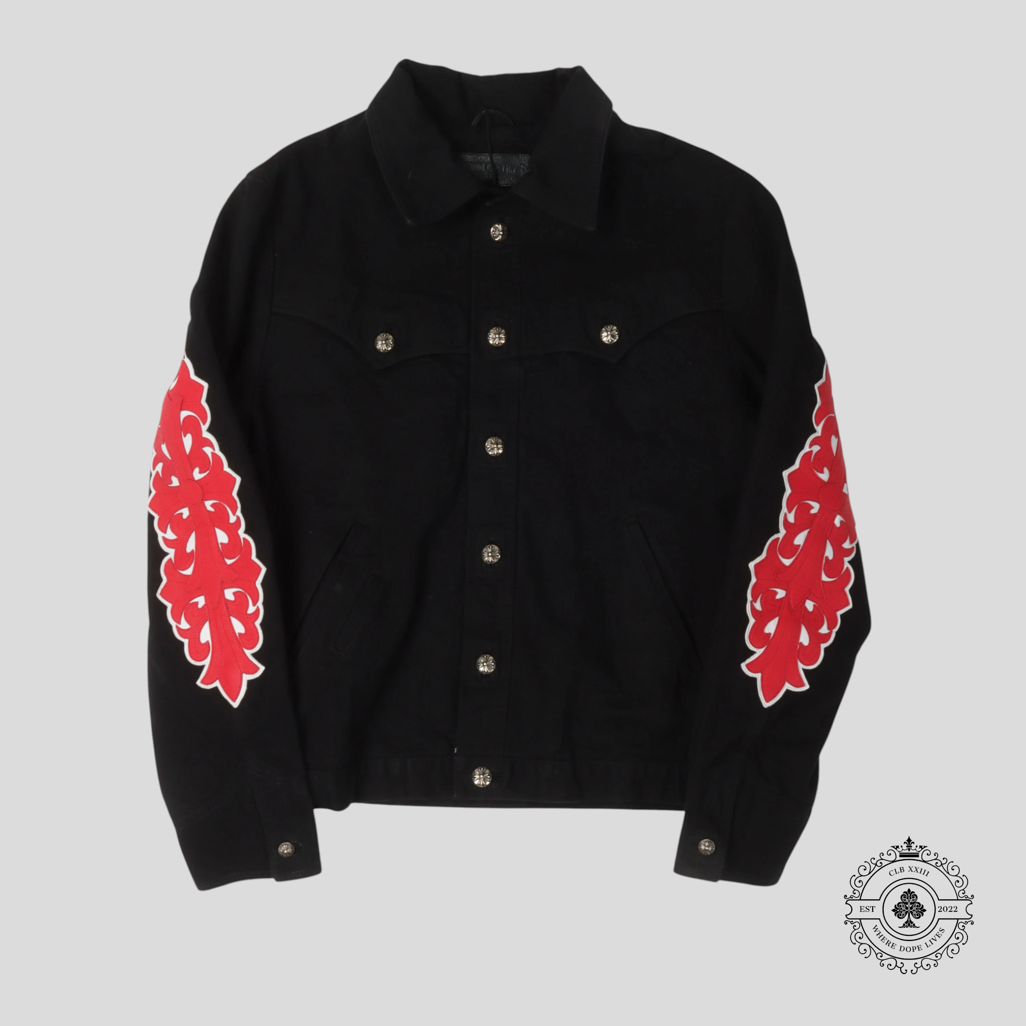 Chrome Hearts Floral Patch Denim Jacket in Black lamb leather cotton men's XS