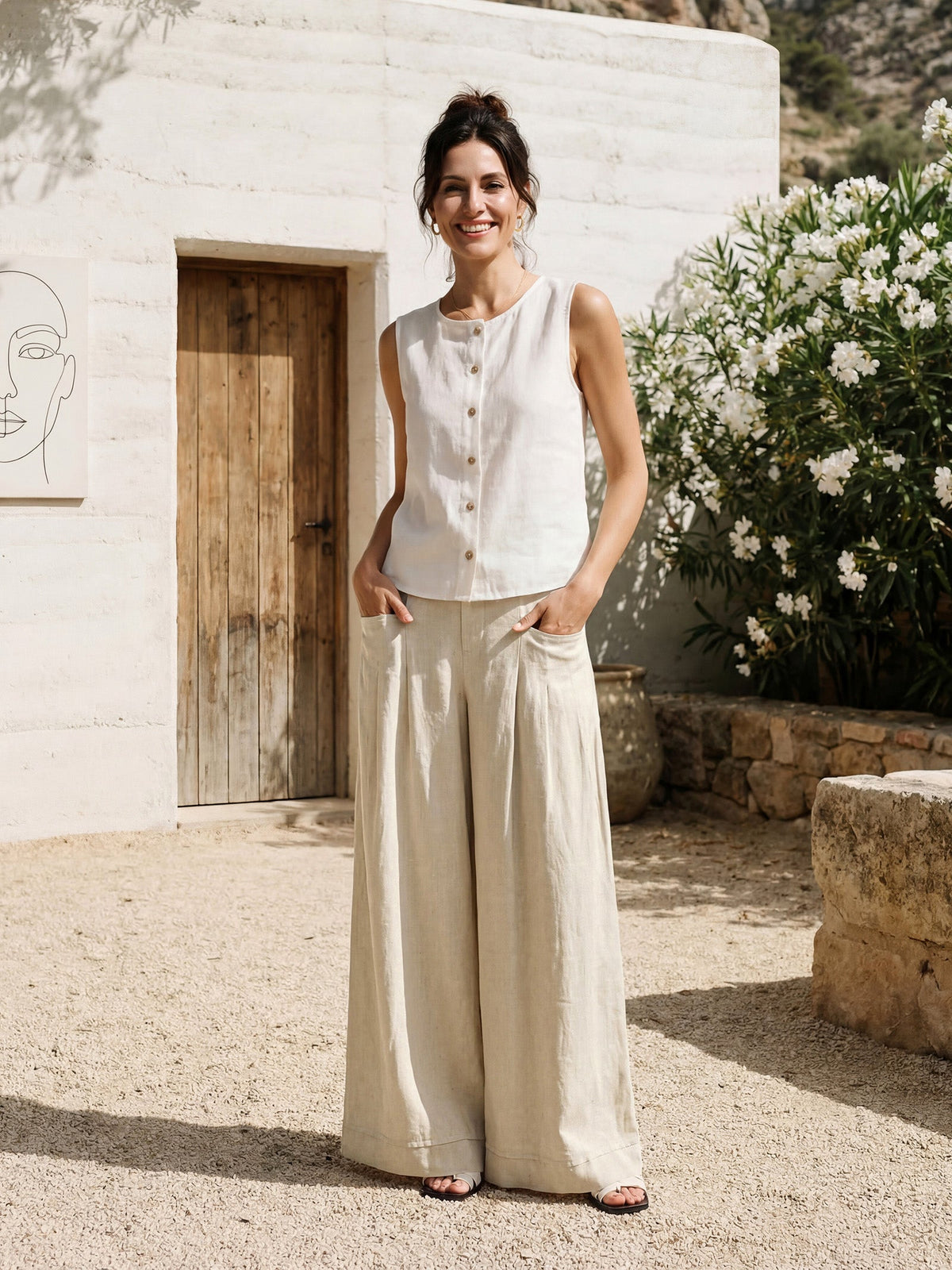 100% Linen Sculpted Pleat Elasticated Back Relaxed Pants VERIDIANA slacks