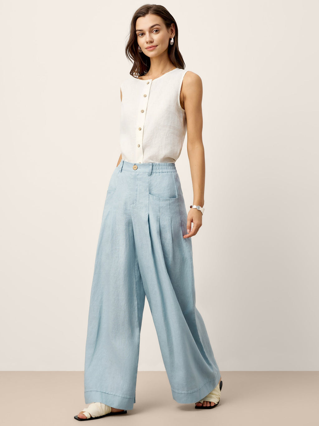 100% Linen Sculpted Pleat Elasticated Back Relaxed Pants VERIDIANA slacks