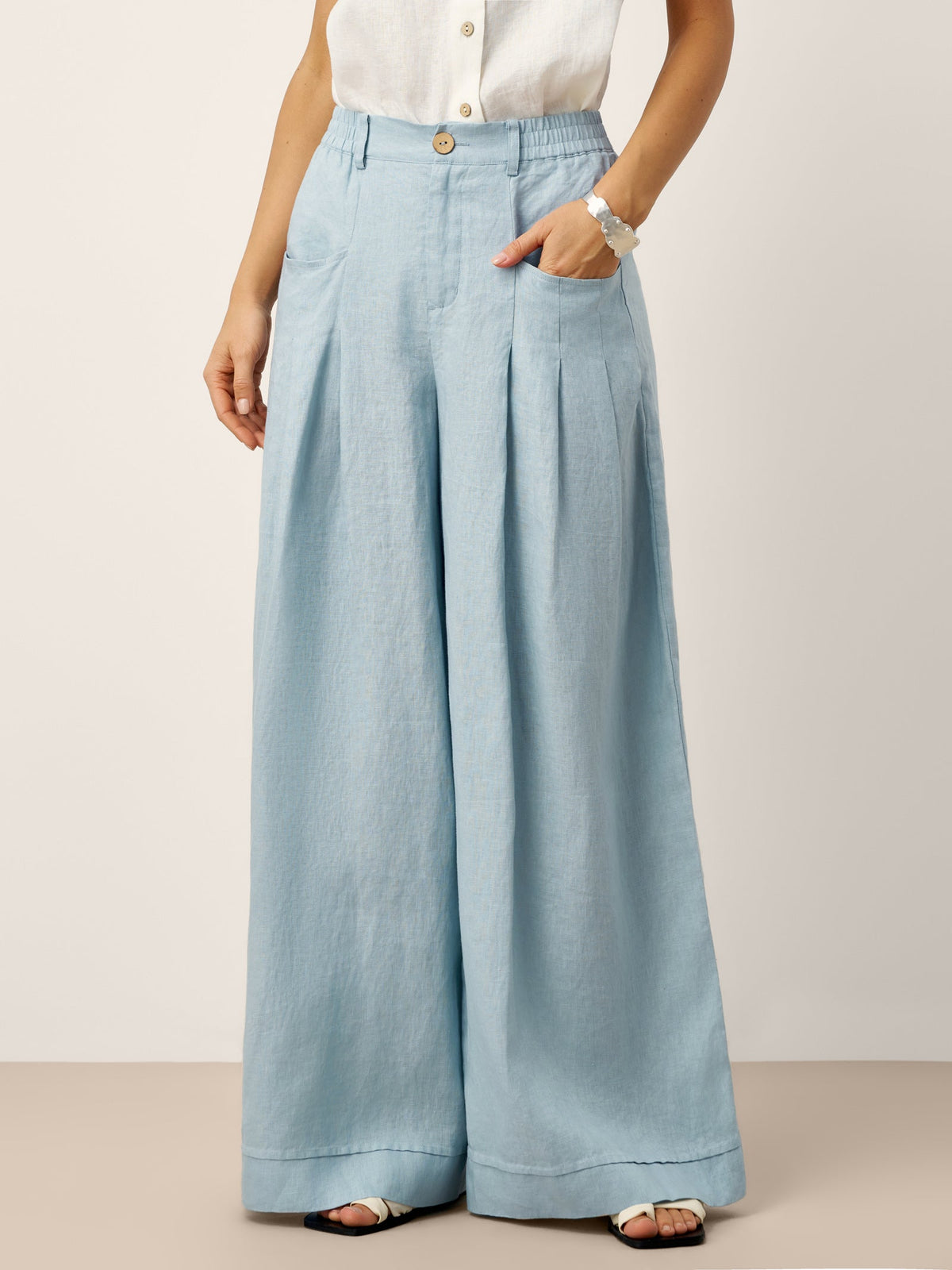 100% Linen Sculpted Pleat Elasticated Back Relaxed Pants VERIDIANA slacks