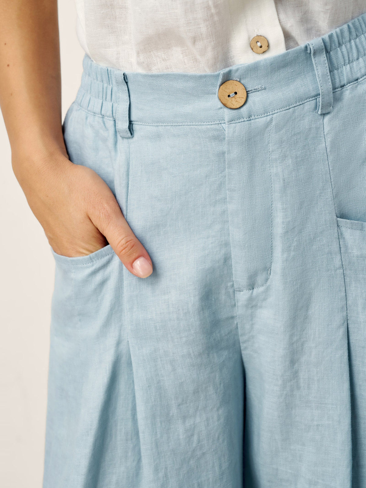 100% Linen Sculpted Pleat Elasticated Back Relaxed Pants VERIDIANA slacks